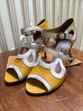 Fly London Boho Cut-Out Peep Toe Stiletto Heels Yellow White Size 38
